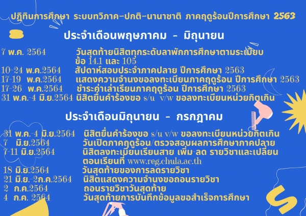 ปฏิทินการศึกษา ระบบทวิภาค-ปกติ-นานาชาติ ภาคฤดูร้อน ปีการศึกษา 2563